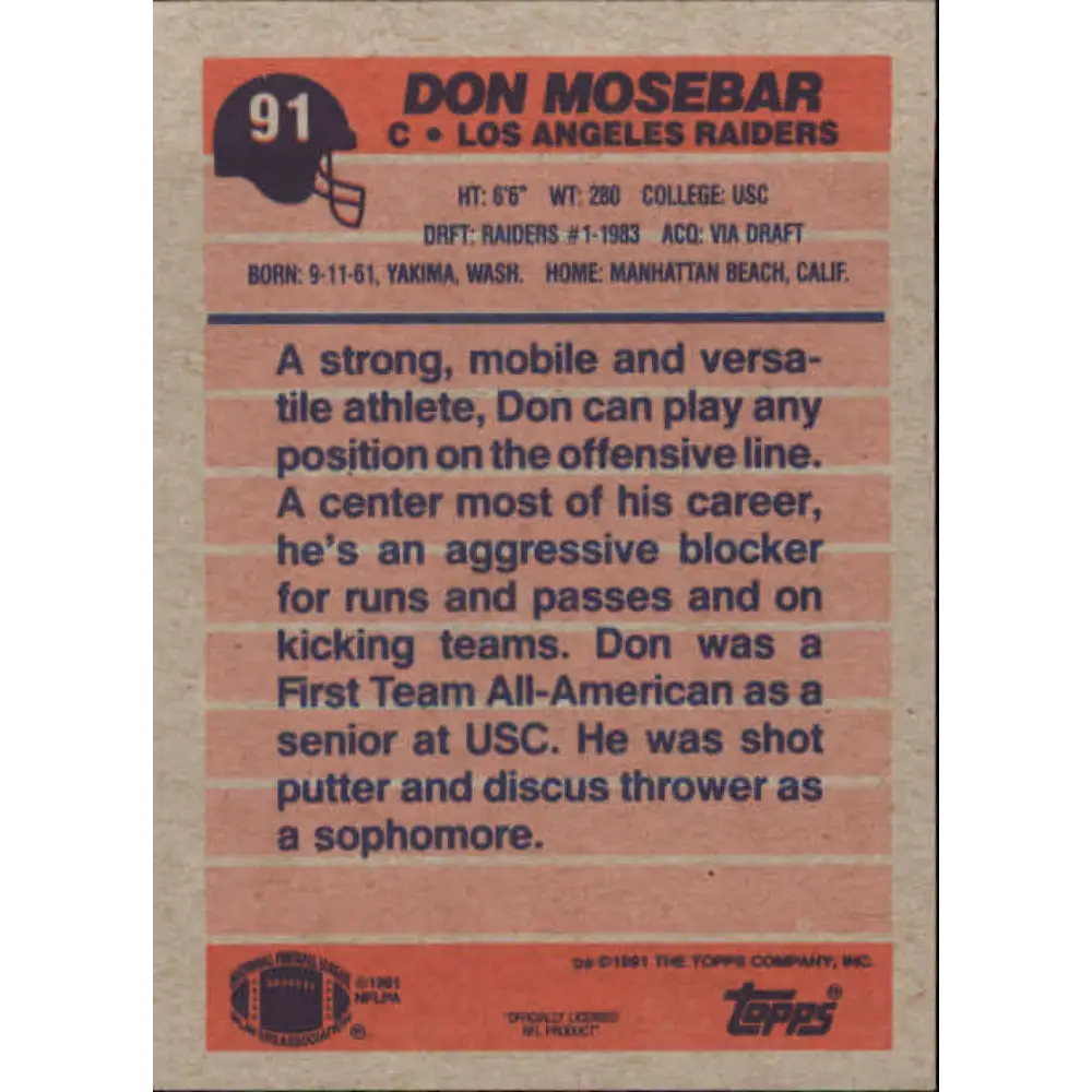 1991 Topps #91 Don Mosebar NM-MT Los Angeles Raiders Football Card  Image 2