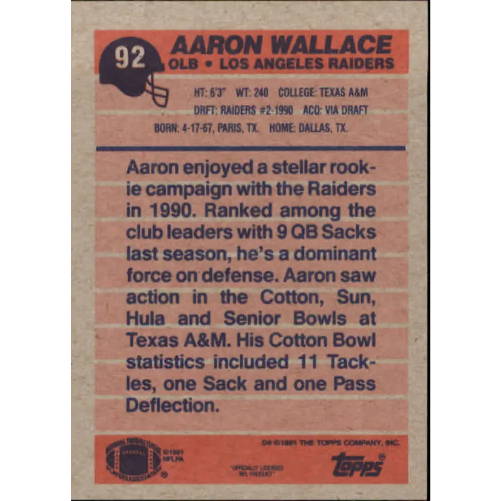 1991 Topps #92 Aaron Wallace NM-MT Los Angeles Raiders Football Card  Image 2