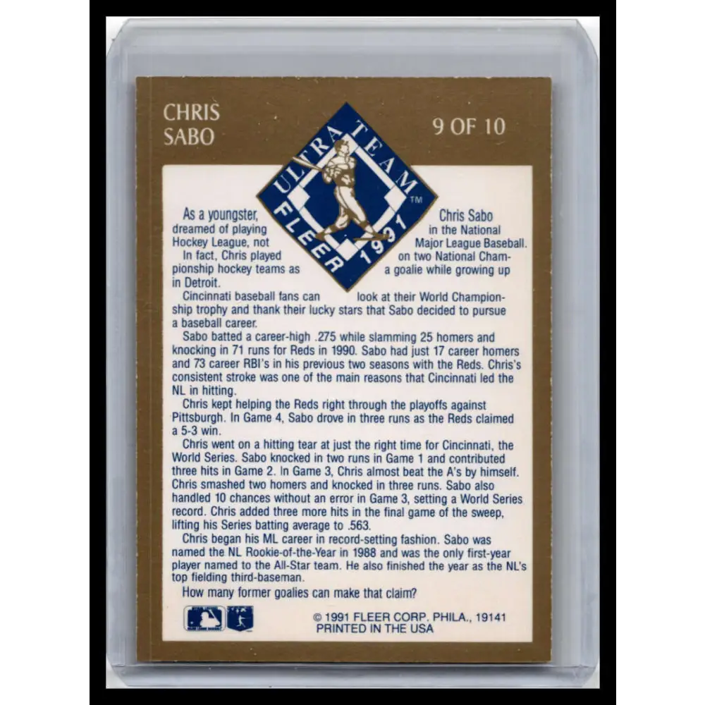 1991 Ultra #9 Chris Sabo NM-MT Cincinnati Reds Baseball Card Image 2