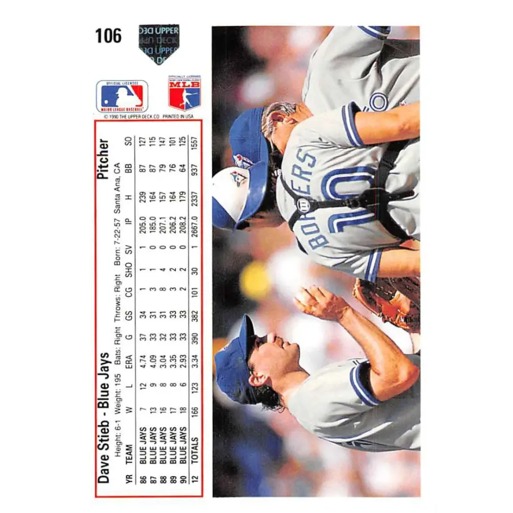 1991 Upper Deck #106 Dave Stieb EX Excellent Toronto Blue Jays Baseball Card  Image 2