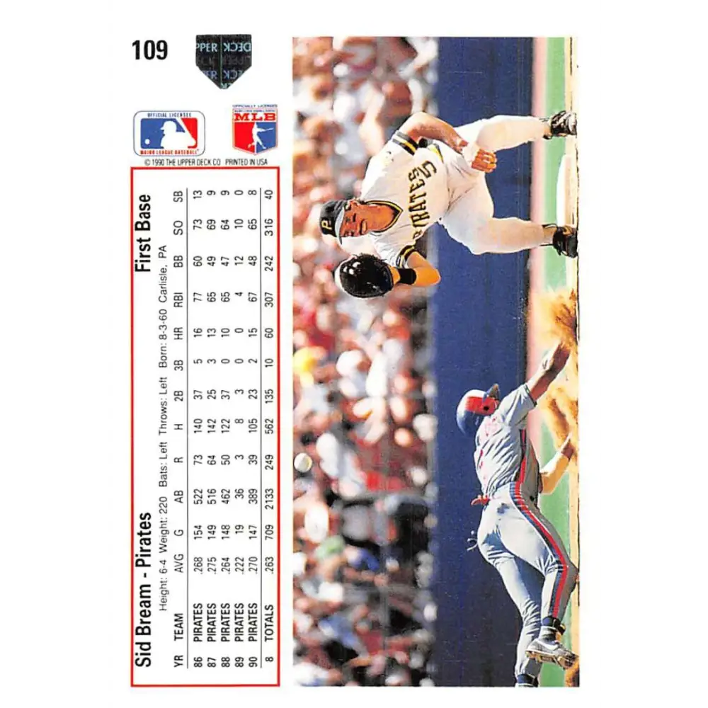 1991 Upper Deck #109 Sid Bream NM-MT Pittsburgh Pirates Baseball Card Image 2