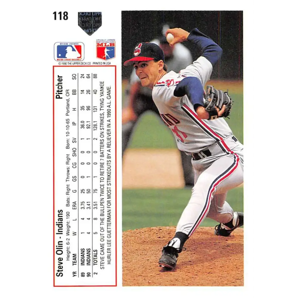 1991 Upper Deck #118 Steve Olin EX Excellent Cleveland Indians Baseball Card  Image 2