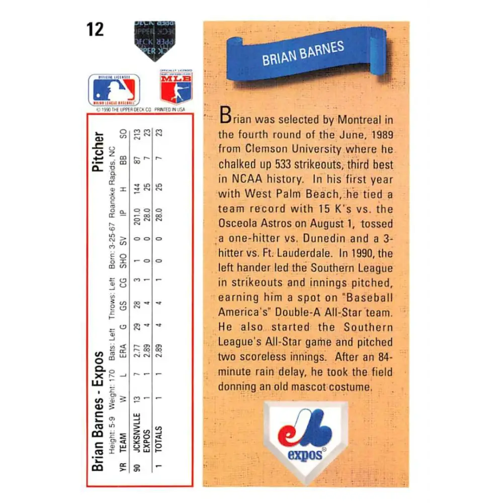 1991 Upper Deck #12 Brian Barnes UER NM-MT RC Rookie Montreal Expos Baseball Card Image 2