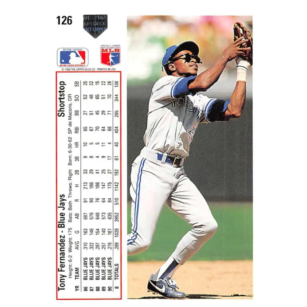1991 Upper Deck #126 Tony Fernandez EX Excellent Toronto Blue Jays Baseball Card  Image 2