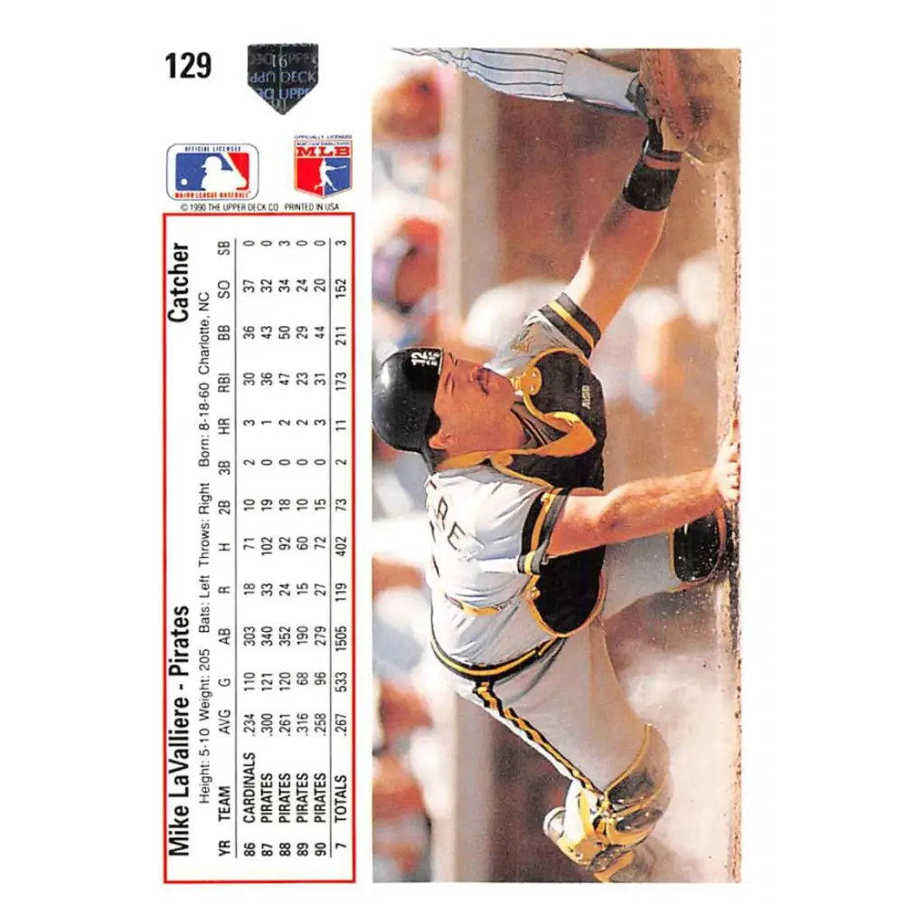 1991 Upper Deck #129 Mike LaValliere NM-MT Pittsburgh Pirates Baseball Card Image 2