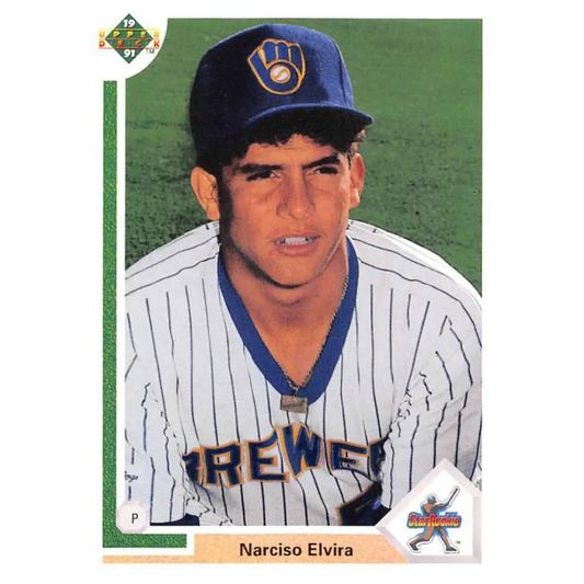 1991 Upper Deck #13 Narciso Elvira NM-MT RC Rookie Milwaukee Brewers Baseball Card Image 1