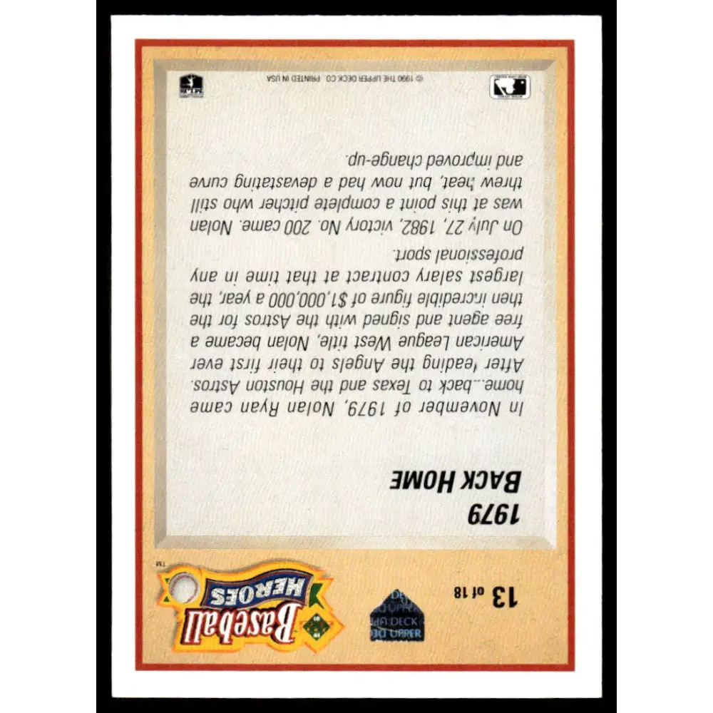 1991 Upper Deck #13 Nolan Ryan EX/NM Houston Astros Baseball Card Image 2