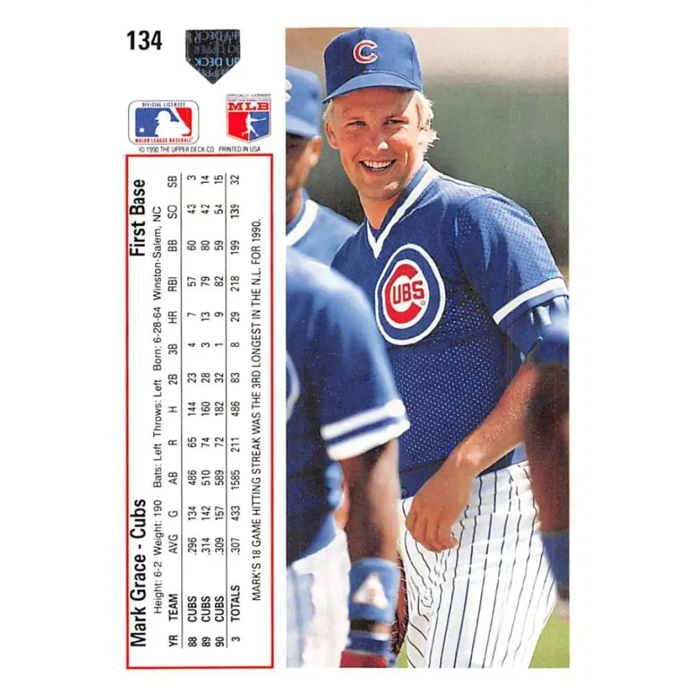 1991 Upper Deck #134 Mark Grace EX Excellent Chicago Cubs Baseball Card  Image 2
