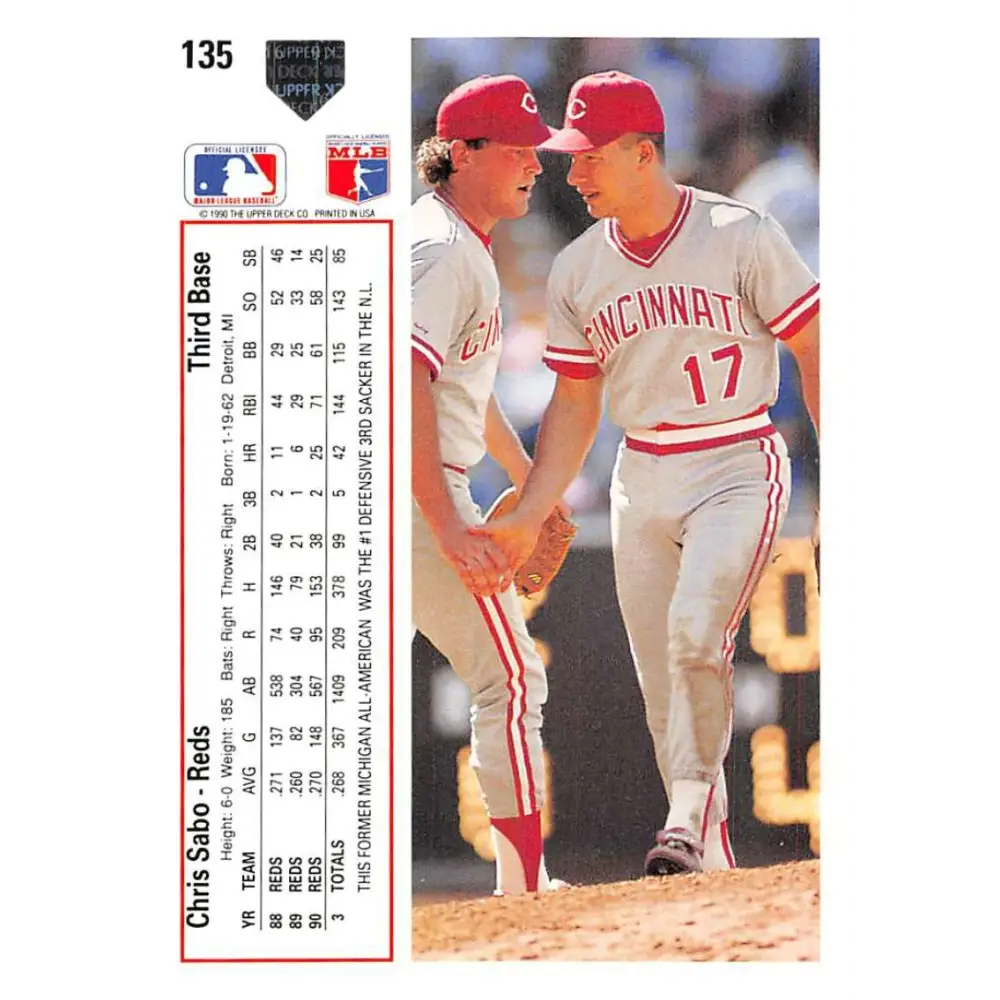 1991 Upper Deck #135 Chris Sabo NM-MT Cincinnati Reds Baseball Card Image 2