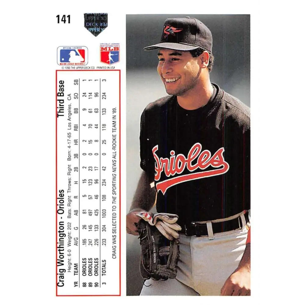 1991 Upper Deck #141 Craig Worthington EX Excellent Baltimore Orioles Baseball Card  Image 2