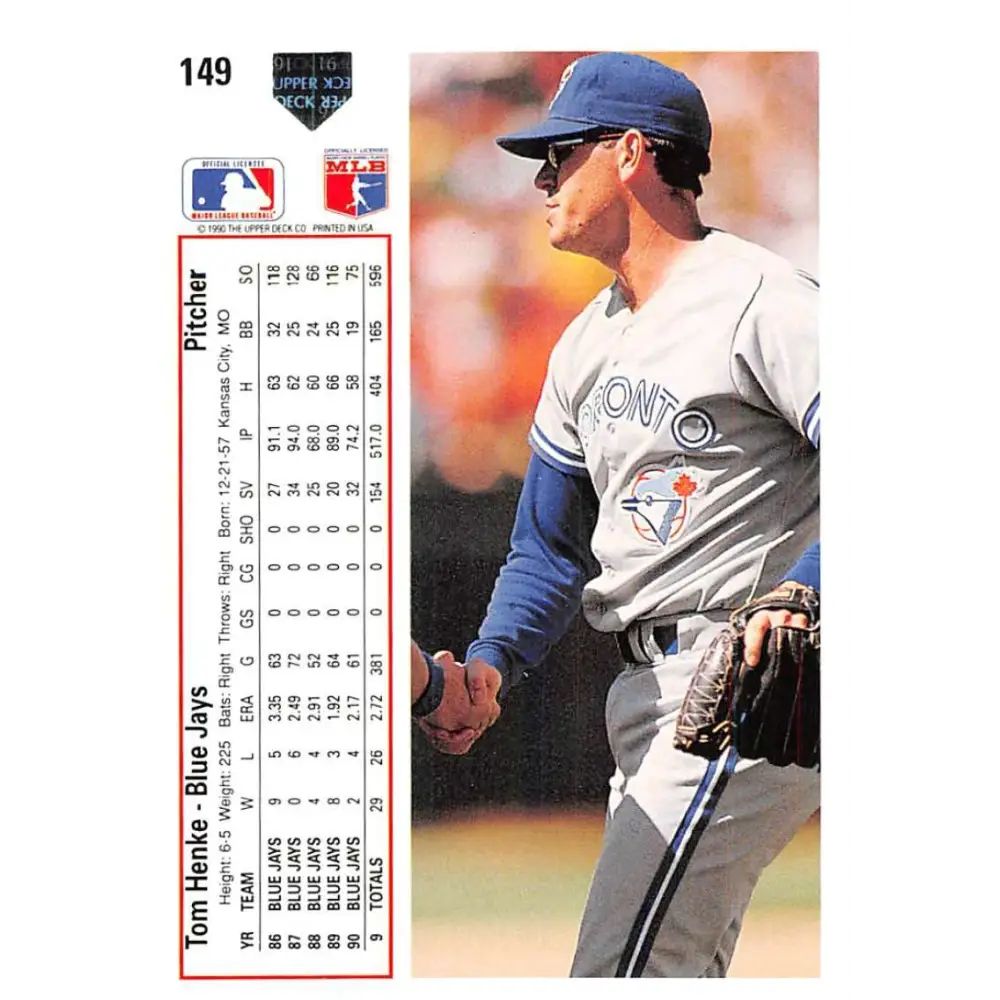 1991 Upper Deck #149 Tom Henke EX Excellent Toronto Blue Jays Baseball Card  Image 2