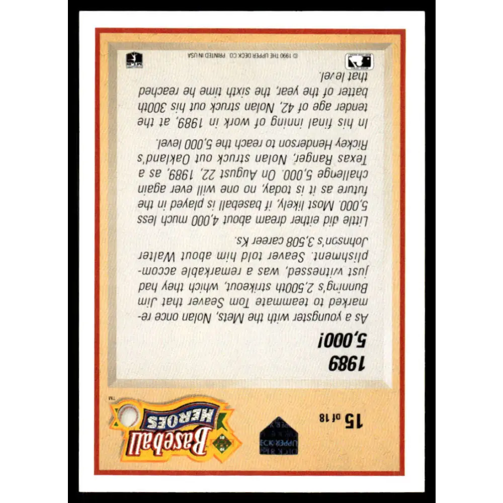 1991 Upper Deck #15 Nolan Ryan EX/NM Texas Rangers Baseball Card Image 2