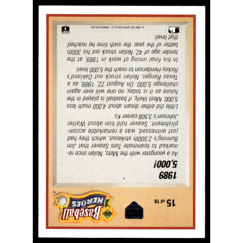 1991 Upper Deck #15 Nolan Ryan EX/NM Texas Rangers Baseball Card Image 2