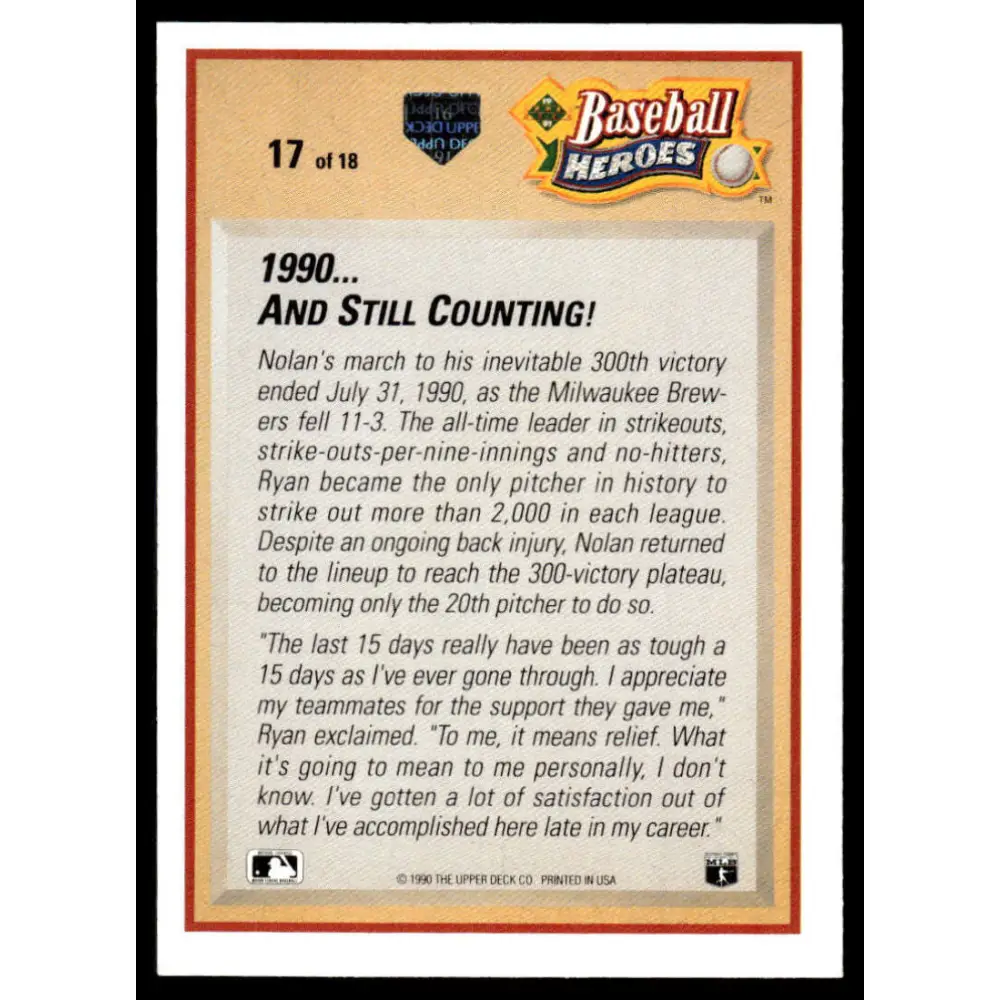 1991 Upper Deck #17 Nolan Ryan EX/NM Texas Rangers Baseball Card Image 2