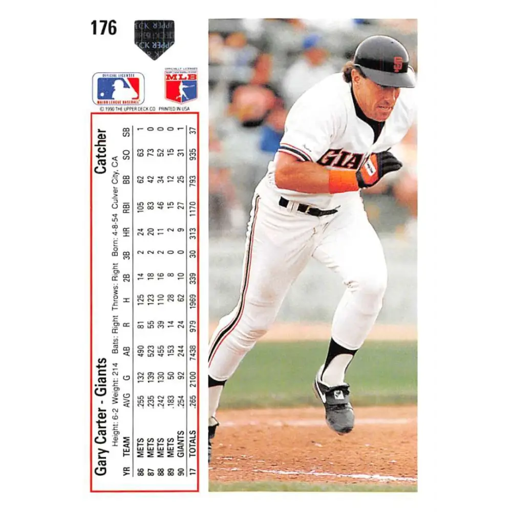 1991 Upper Deck #176 Gary Carter NM-MT San Francisco Giants Baseball Card Image 2