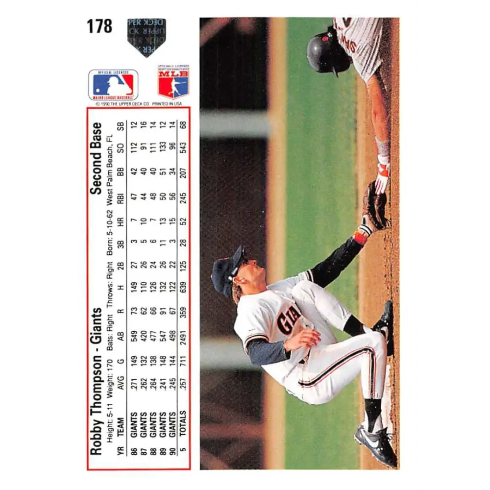 1991 Upper Deck #178 Robby Thompson NM-MT San Francisco Giants Baseball Card Image 2