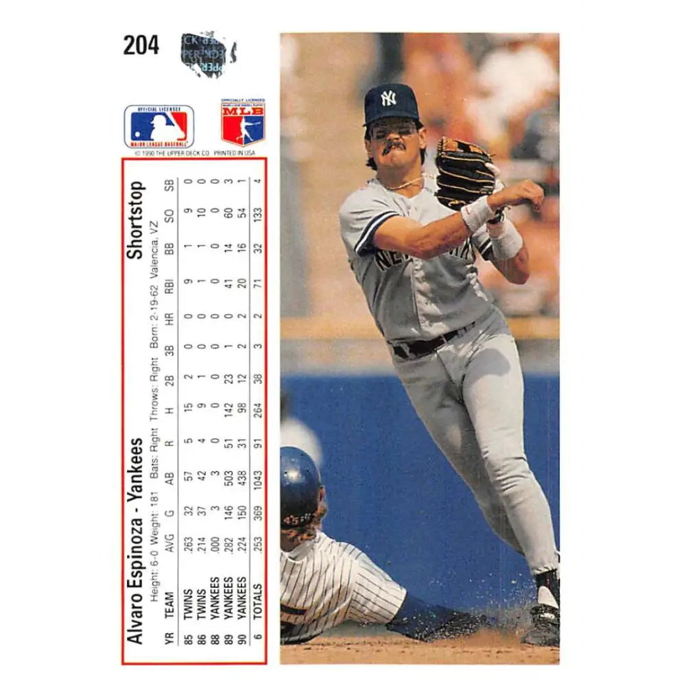 1991 Upper Deck #204 Alvaro Espinoza EX Excellent New York Yankees Baseball Card  Image 2