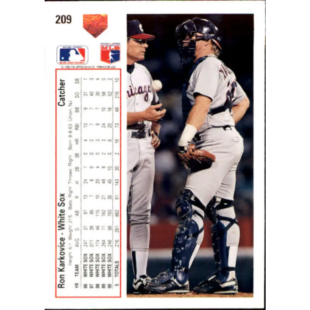 1991 Upper Deck #209 Ron Karkovice NM-MT Chicago White Sox Baseball Card Image 2