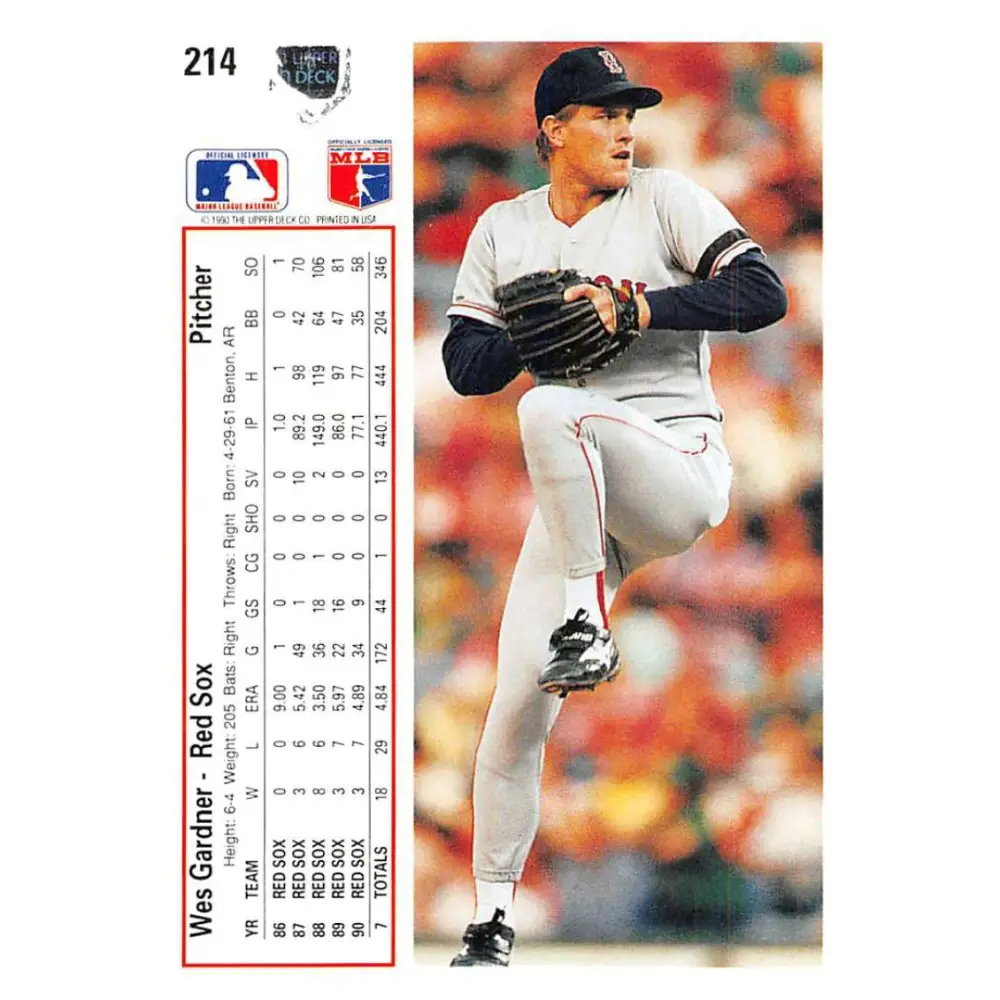 1991 Upper Deck #214 Wes Gardner EX Excellent Boston Red Sox Baseball Card  Image 2