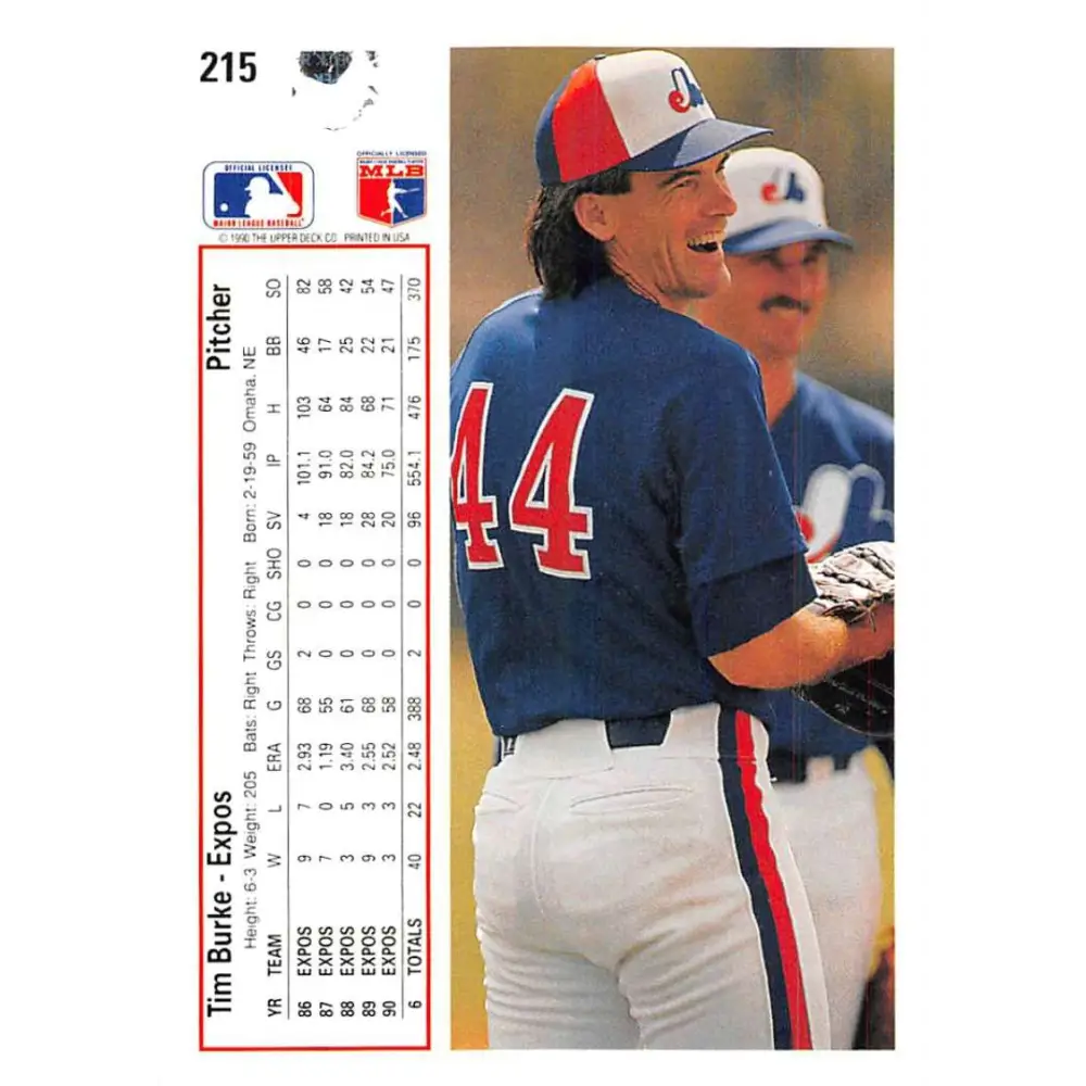 1991 Upper Deck #215 Tim Burke NM-MT Montreal Expos Baseball Card Image 2