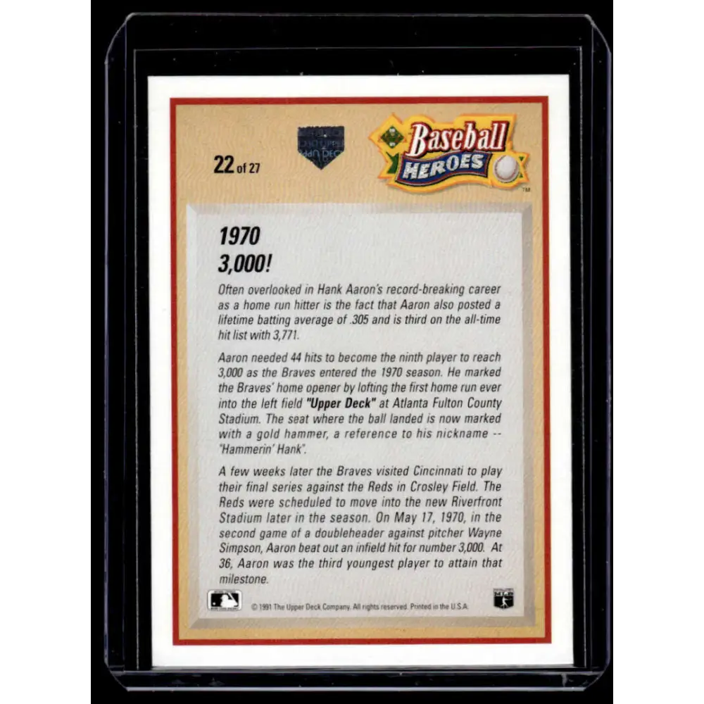 1991 Upper Deck #22 Hank Aaron Atlanta Braves NM-MT Baseball Card Image 2