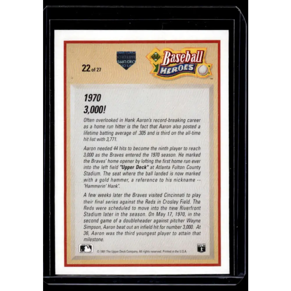 1991 Upper Deck #22 Hank Aaron Atlanta Braves NM-MT Baseball Card Image 2