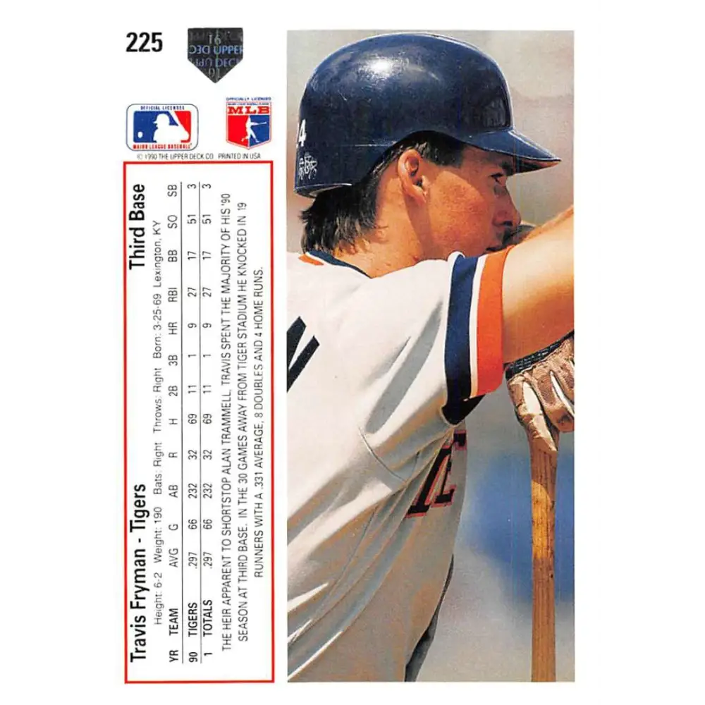 1991 Upper Deck #225 Travis Fryman EX Excellent Detroit Tigers Baseball Card  Image 2