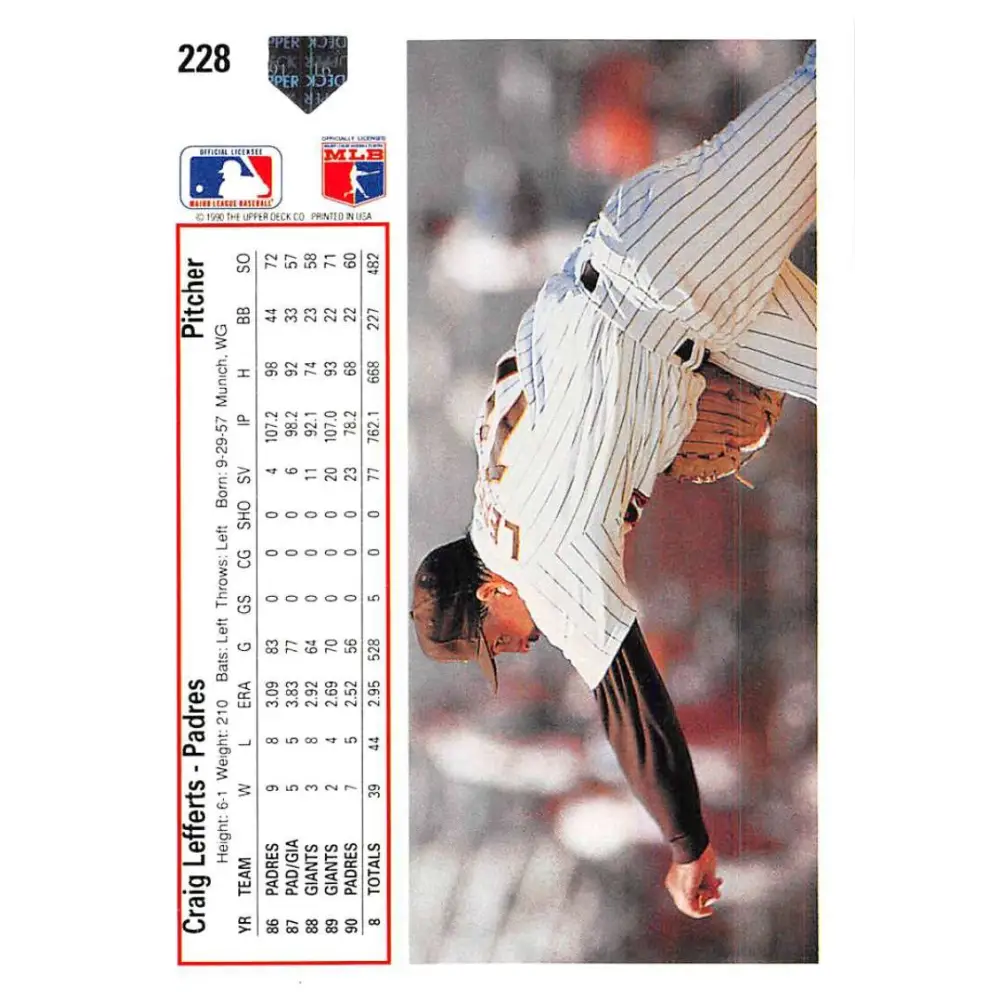 1991 Upper Deck #228 Craig Lefferts EX Excellent San Diego Padres Baseball Card  Image 2