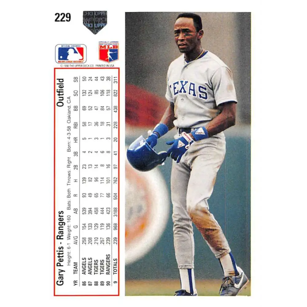 1991 Upper Deck #229 Gary Pettis EX Excellent Texas Rangers Baseball Card  Image 2