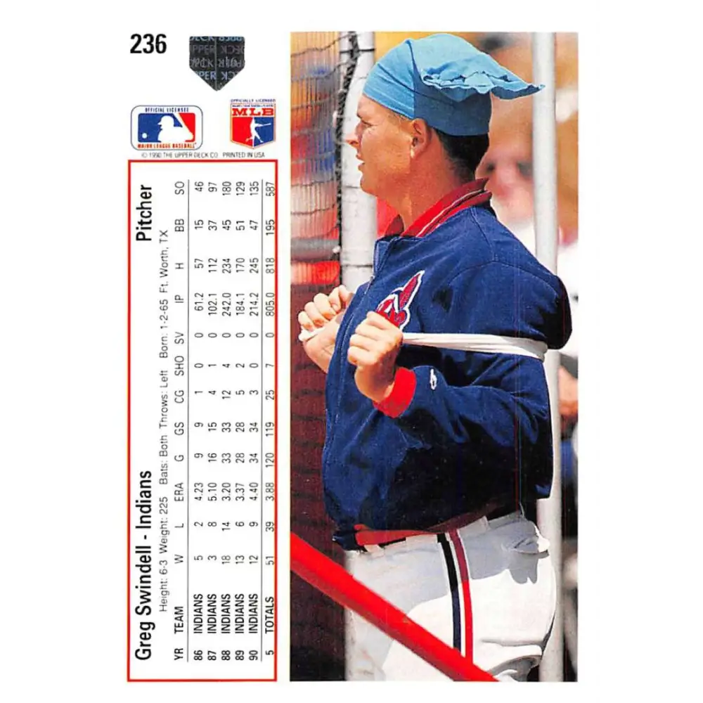 1991 Upper Deck #236 Greg Swindell NM-MT Cleveland Indians Baseball Card Image 2
