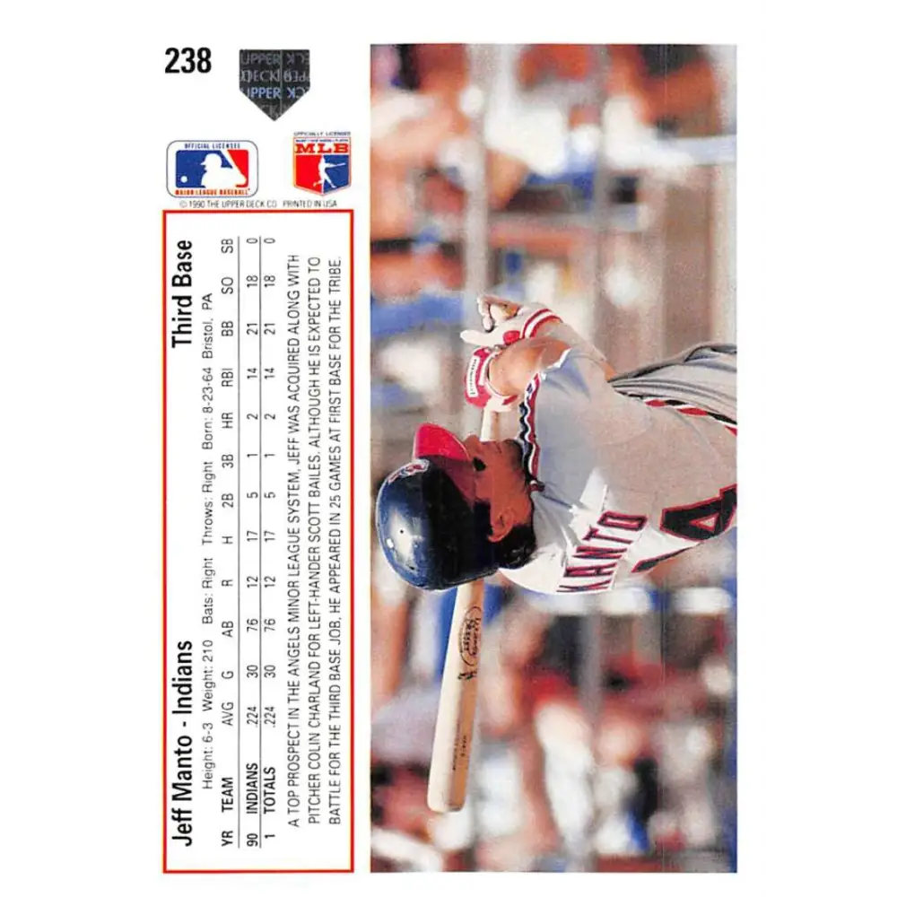 1991 Upper Deck #238 Jeff Manto EX Excellent Cleveland Indians Baseball Card  Image 2