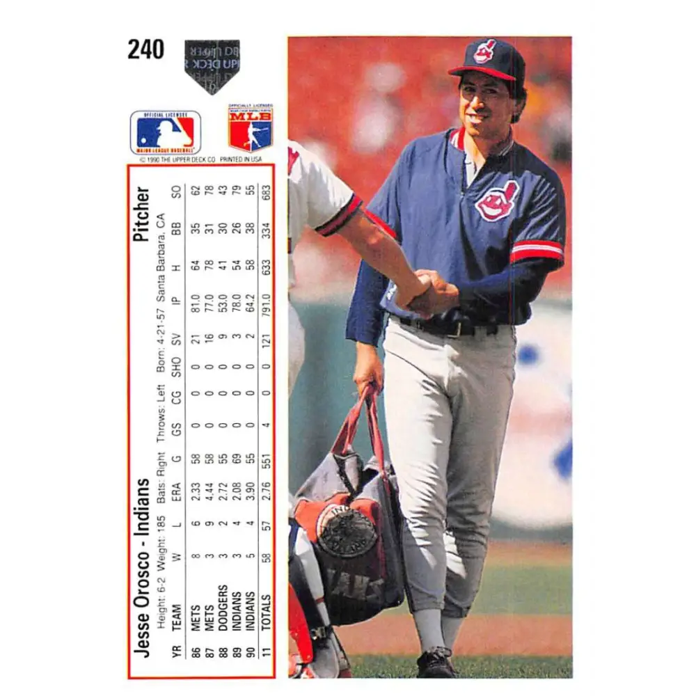 1991 Upper Deck #240 Jesse Orosco EX Excellent Cleveland Indians Baseball Card  Image 2