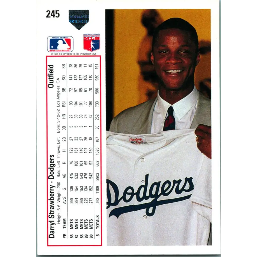 1991 Upper Deck #245 Darryl Strawberry NM-MT Los Angeles Dodgers Baseball Card Image 2