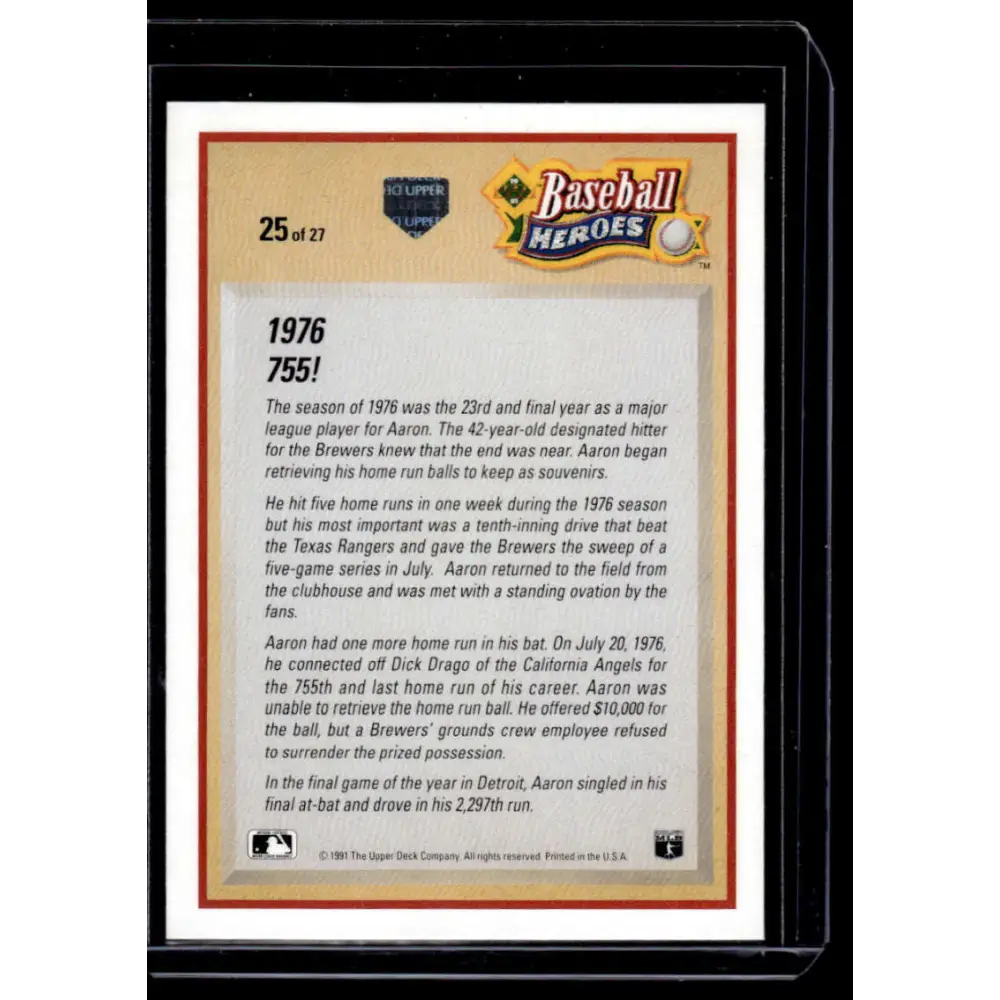 1991 Upper Deck #25 Hank Aaron Atlanta Braves NM-MT Baseball Card Image 2