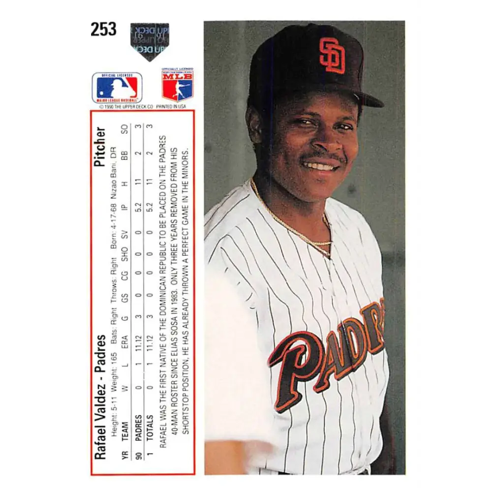 1991 Upper Deck #253 Rafael Valdez EX Excellent San Diego Padres Baseball Card  Image 2