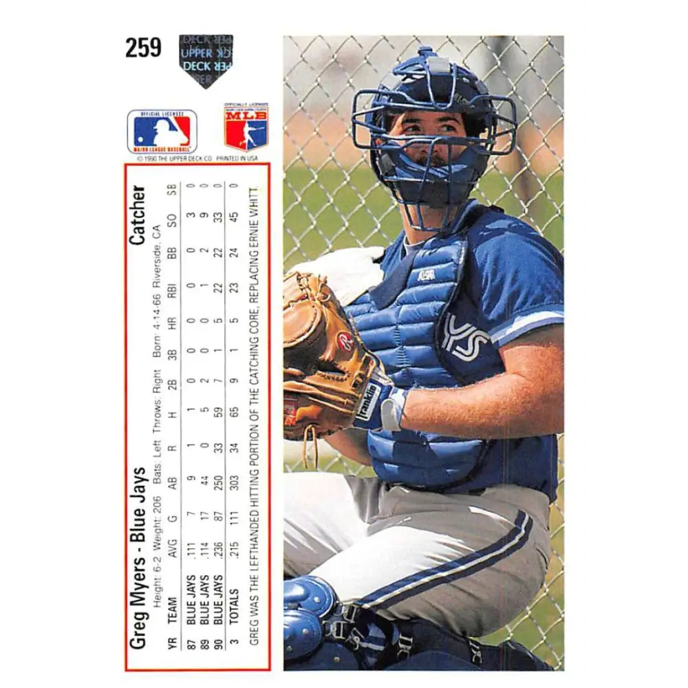 1991 Upper Deck #259 Greg Myers NM-MT Toronto Blue Jays Baseball Card Image 2