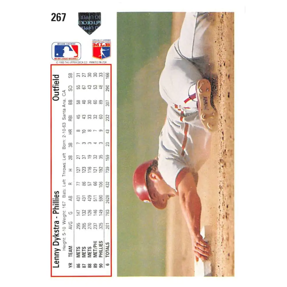 1991 Upper Deck #267 Lenny Dykstra EX Excellent Philadelphia Phillies Baseball Card  Image 2