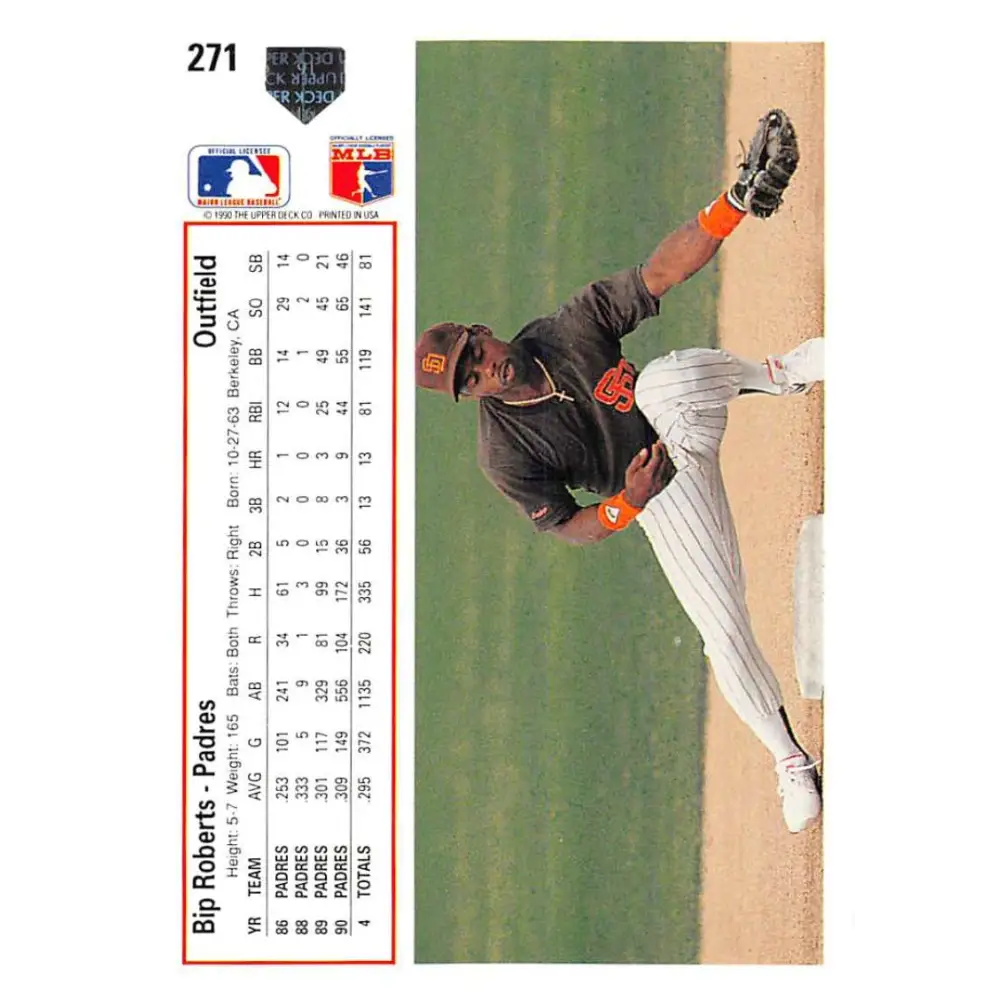 1991 Upper Deck #271 Bip Roberts NM-MT San Diego Padres Baseball Card Image 2