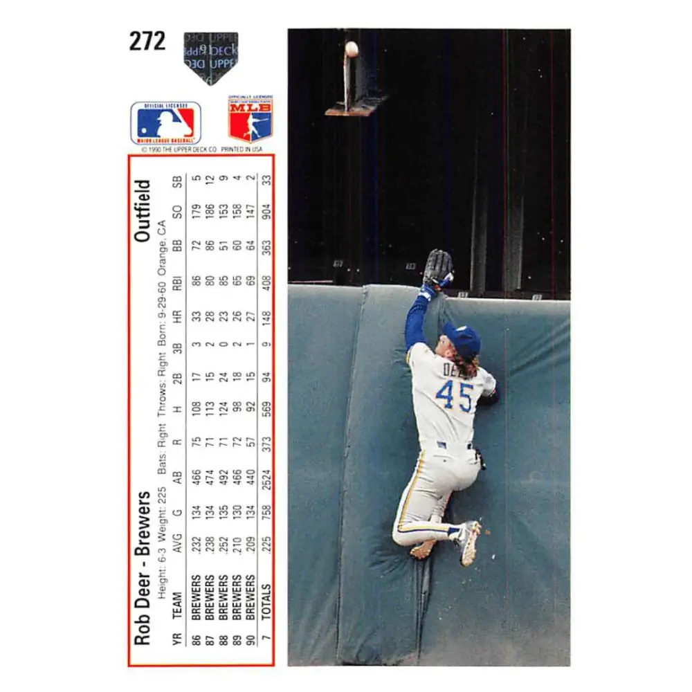 1991 Upper Deck #272 Rob Deer NM-MT Milwaukee Brewers Baseball Card Image 2