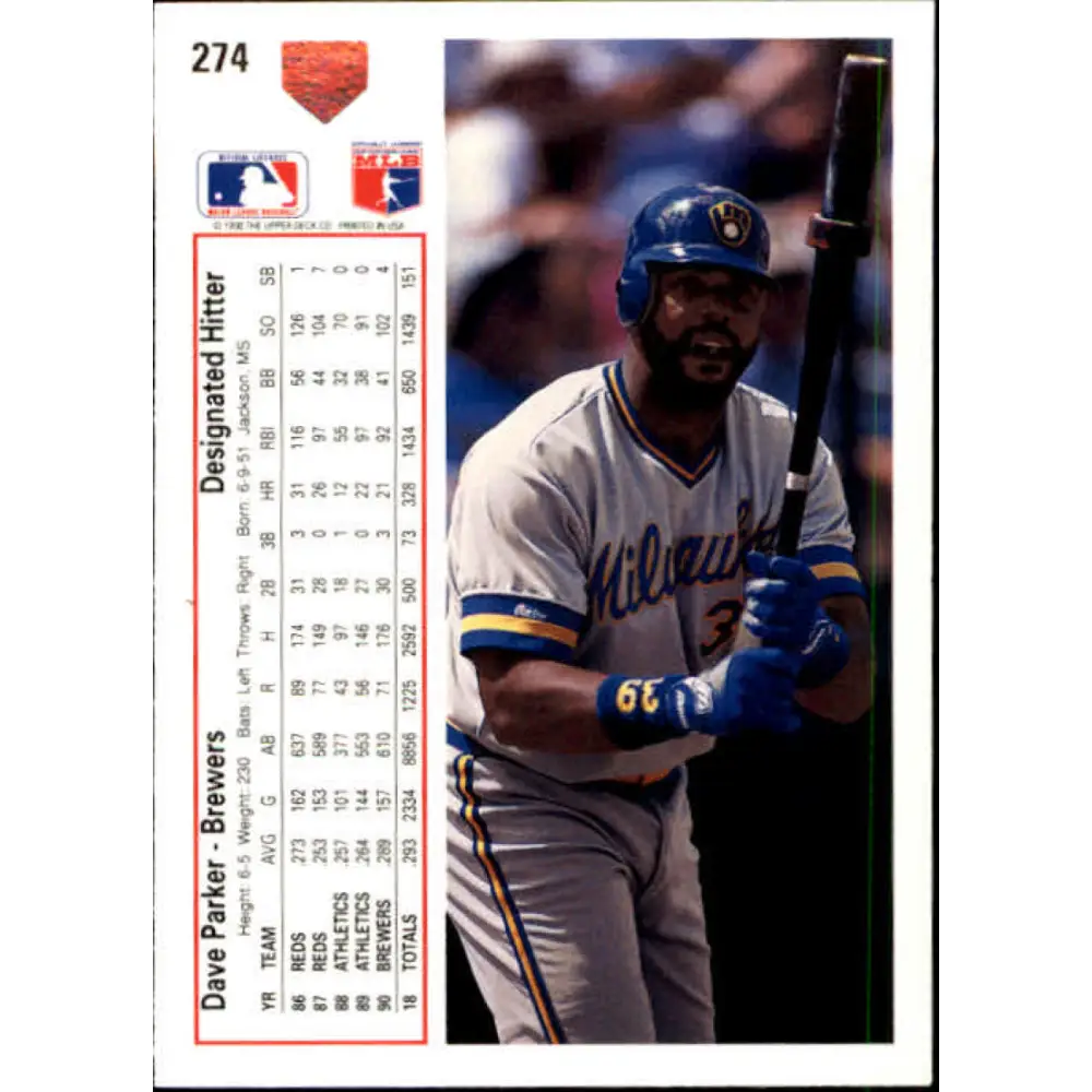 1991 Upper Deck #274 Dave Parker NM-MT Milwaukee Brewers Baseball Card Image 2
