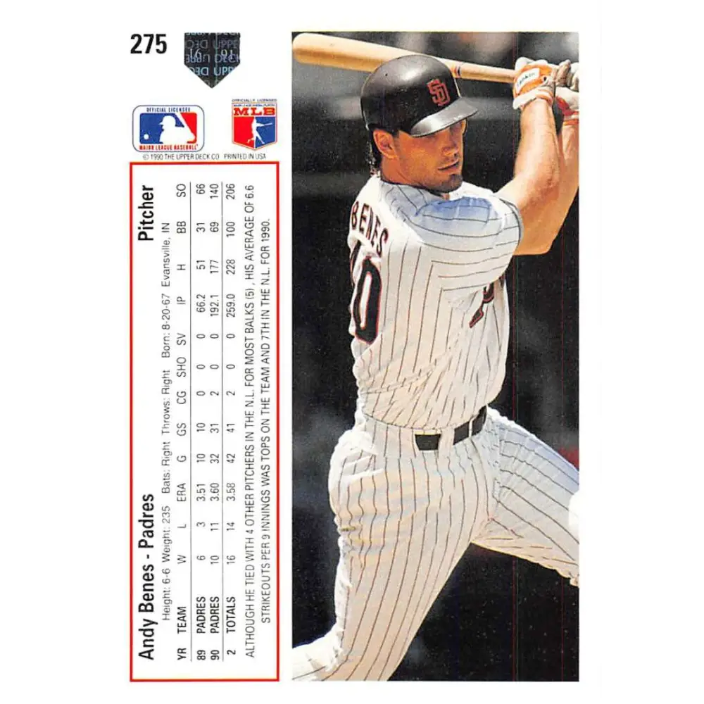 1991 Upper Deck #275 Andy Benes NM-MT San Diego Padres Baseball Card Image 2