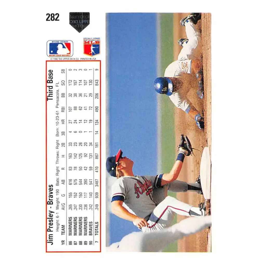 1991 Upper Deck #282 Jim Presley NM-MT Atlanta Braves Baseball Card Image 2