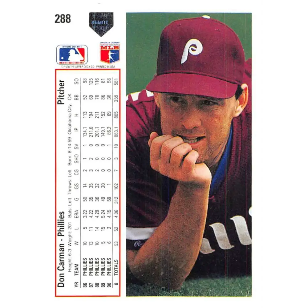 1991 Upper Deck #288 Don Carman EX Excellent Philadelphia Phillies Baseball Card  Image 2