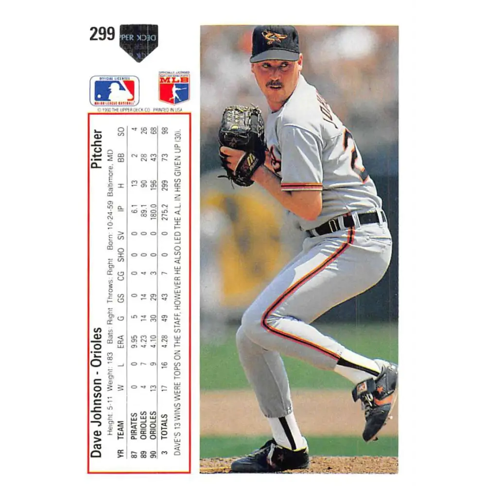 1991 Upper Deck #299 Dave Johnson EX Excellent Baltimore Orioles Baseball Card  Image 2