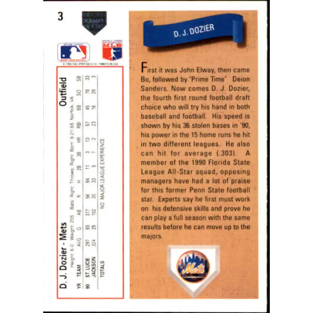 1991 Upper Deck #3 D.J. Dozier EX Excellent New York Mets Baseball Card  Image 2