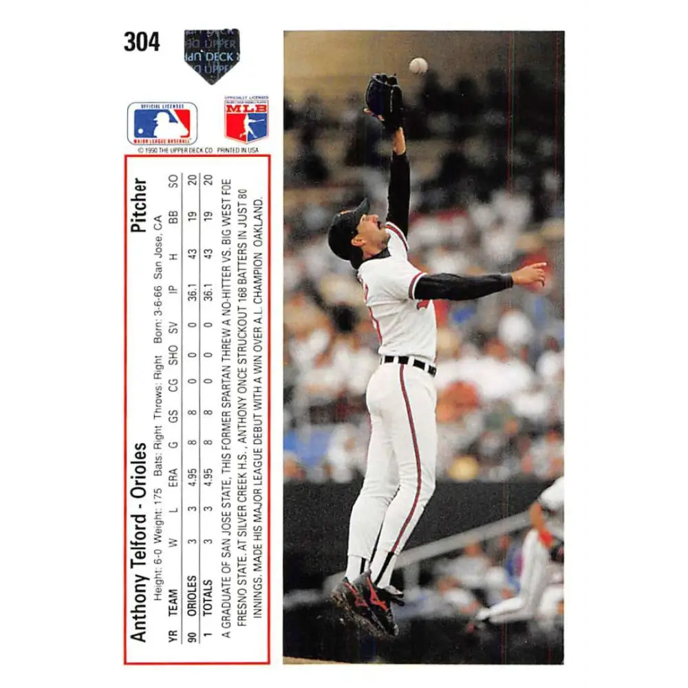1991 Upper Deck #304 Anthony Telford EX Excellent RC Rookie Baltimore Orioles Baseball Card  Image 2