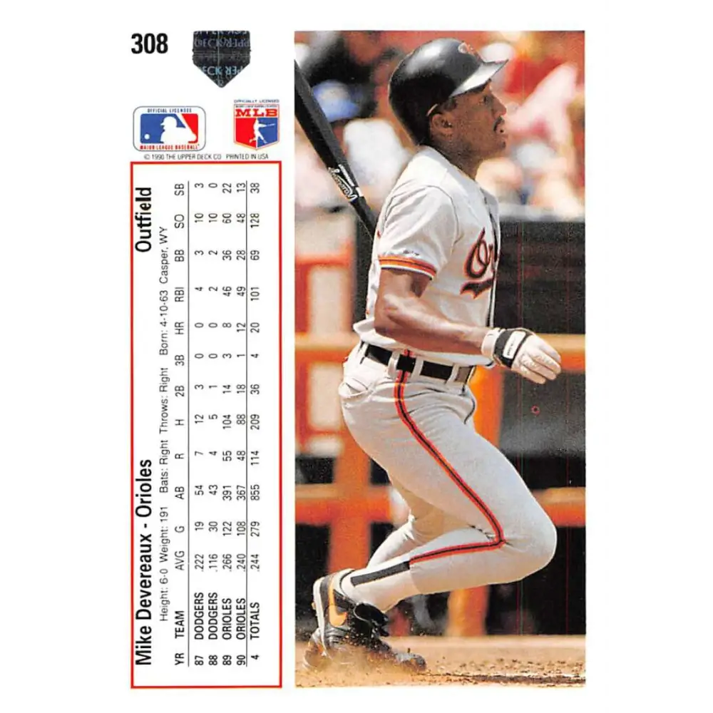 1991 Upper Deck #308 Mike Devereaux EX Excellent Baltimore Orioles Baseball Card  Image 2