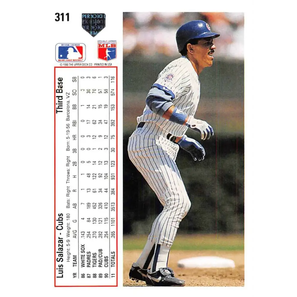 1991 Upper Deck #311 Luis Salazar EX Excellent Chicago Cubs Baseball Card  Image 2
