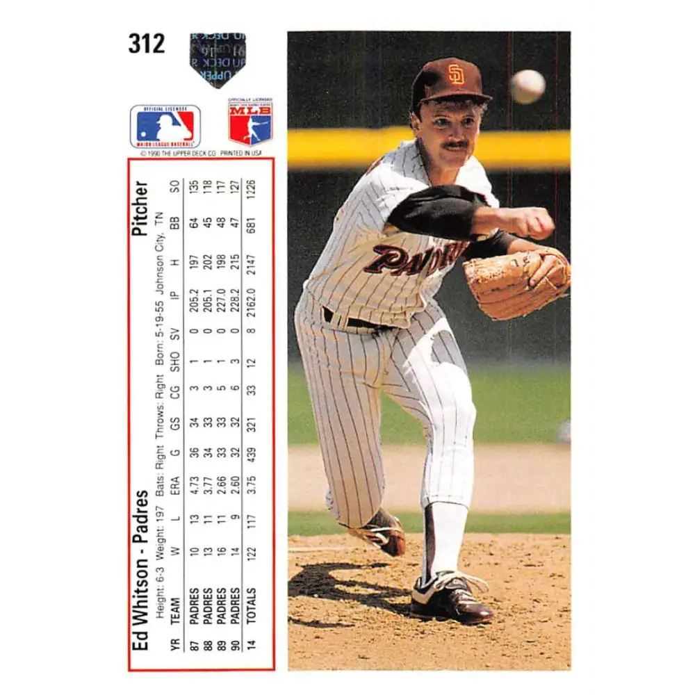 1991 Upper Deck #312 Ed Whitson EX Excellent San Diego Padres Baseball Card  Image 2