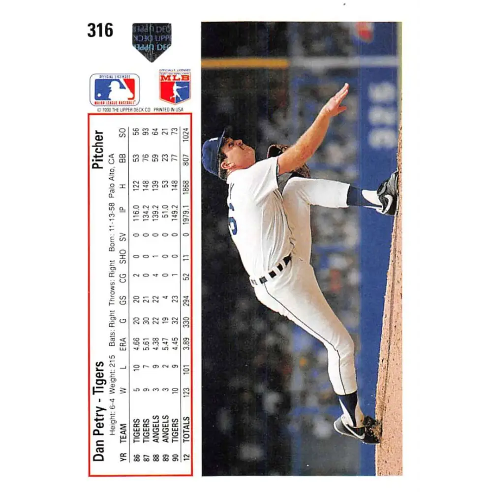 1991 Upper Deck #316 Dan Petry NM-MT Detroit Tigers Baseball Card Image 2
